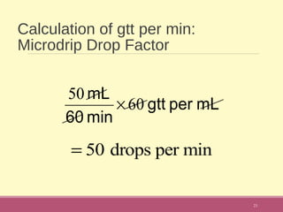 Calculation of gtt per min:
Microdrip Drop Factor
23
mLpergtt
min60
mL
60
50
×
= 50 drops per min
 