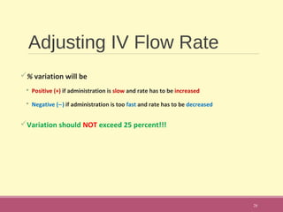 Adjusting IV Flow Rate
% variation will be
 Positive (+) if administration is slow and rate has to be increased
 Negative (−) if administration is too fast and rate has to be decreased
Variation should NOT exceed 25 percent!!!
28
 