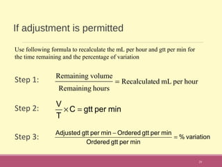 If adjustment is permitted
Step 1:
Step 2:
Step 3: variation%
minpergttOrdered
minpergttOrderedminpergttAdjusted
=
−
29
minpergttC
T
V
=×
hourpermLedRecalculat
hoursRemaining
volumeRemaining
=
Use following formula to recalculate the mL per hour and gtt per min for
the time remaining and the percentage of variation
 