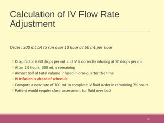 Calculation of IV Flow Rate
Adjustment
Order: 500 mL LR to run over 10 hour at 50 mL per hour
o Drop factor is 60 drops per mL and IV is correctly infusing at 50 drops per min
o After 2½ hours, 300 mL is remaining
o Almost half of total volume infused in one-quarter the time
o IV infusion is ahead of schedule
o Compute a new rate of 300 mL to complete IV fluid order in remaining 7½ hours.
o Patient would require close assessment for fluid overload
30
 