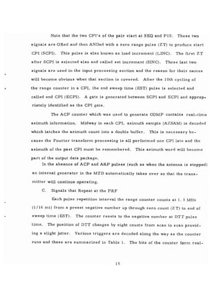 •
Note that the two CPII S of the pair start at SEQ and PIa. These two
signals are ORed and then ANDed with a zero range pulse (ZT) to produce start
CPI (SCPI). This pulse is also known as load increm.ent (LING). The first ZT
after SCPI is selected also and called set increm.ent (SINC). These last two
signals are used in the input processing section and the reason for their nam.es
will becom.e obvious when that section is covered. After the lath cycling of
the range counter in a CPI, the end sweep tim.e (EST) pulse is selected and
called end CPI (ECPI). A gate is generated between SCPI and ECPI and approp-
riately identified as the CPI gate.
The ACP counter which was used to generate COMP contains real-tim.e
azim.uth inform.ation. Midway in each CPI, azim.uth sam.ple (AZSAM) is decoded
which latches the azim.uth count into a double buffer. This is necessary be-
cause the Fourier transform. processing is all perform.ed one CPI late and the
azim.uth of the past CPI must be rem.em.bered. This azim.uth word will becom.e
part of the output data package.
In the absence of ACP and ARP pulses (such as when the antenna is stopped)
an internal generator in the MTD automatically takes over so that the trans-
m.itter will continue operating.
C. Signals that Repeat at the PRF
Each pulse repetition interval the range counter counts at 1. 3 MHz
(1/16 m.i) from. a preset negative num.ber up through zero count (Z T) to end of
sweep tim.e (EST). The counter resets to the negative num.ber at DTT pulse
tim.e. The position of DTT changes by eight counts from. scan to scan provid-
ing a slight jltter. Various triggers are decoded along the way as the counter
runs and these are sum.marized in Table 1. The bits of the counter form real-
15
 