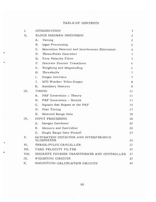 TABLE OF CONTENTS
I. INTRODU CTION 1
II. BLOCK DIAGRAM DISCUSSION 2
A. Timing 2
B. Input Processing 2
C. Saturation Detector and Interference Eliminator 4
• D. Three-Pulse Canceller 5
E. Zero Velocity Filter 5
.. F. Discrete Fourier Transform 6
G. Weighting and Magnituding 6
H. Thresholds 7
I. Output Interface 7
J. MTI Weather Video Output 8
K. Auxiliary Memory 8
III. TIMING 11
A. PRF Generation - Theory 11
B. PRF Generation - Details 13
C. Signals that Repeat at the PRF 15
D. Fast Timing 17
E. Selected Range Gate 18
IV. INPUT PROCESSING 18
A. Sample Combiner 20
B. Memory and Controller 20
C. Single Range Gate Pickoff 23
V. SATURATION DETECTOR AND INTERFERENCE
ELIMINATOR 24
VI. THREE-PULSE CANCELLER 27
VII. ZERO VELOCITY FILTER 27
VIII. DISCRETE FOURIER TRANSFORMER AND CONTROLLER 27
IX. WEIGHTING CIRCUITS 47
X. MAGNITUDE- CALCULATION CIRCUITS 49
iii
 