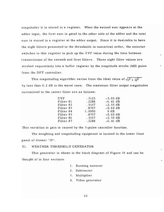 magnituder it is stored in a register. When the second sum appears at the
adder input, the first sum is gated to the other side of the adder and the total
sum is stored in a register at the adder output. Since it is desirable to have
the eight filters presented to the thresholds in numerical order, the selector
switches to this register to pick up the Z VF value during the time between
transmission of the seventh and first filters. These eight filter values are
strobed sequentially into a buffer register by the magnitude strobe (MS) pulse
from the DFT controller.
This magnituding algorithm varies from the ideal value of Jr2 + Q2
by less than 0.2 dB in the worst case. The maximum filter output magnitudes
normalized to the center filter are as follows:
ZVF
Filter #1
Filter # 2
Filter #3
Filter #4
Filter # 5
Filter #6
Filter #7
. 3125
.2288
.5557
.8707
1.0000
.8707
.5557
.2288
-5.05dB
-6.41 dB
-2.55 dB
-0.60 dB
o dB
-0.60 dB
-2.55 dB
-6.41 dB
This variation in gain is caused by the 3-pulse canceller function.
The weighting and magnituding equipment is located in the lower front
panel of drawer 11 D".
XI. WEATHER THRESHOLD GENERATOR
This generator is shown in the block diagram of Figure 19 and can be
thought of in four sections:
1. Running summer
2. Subtracter
3. Multiplier
4. Video generator
52
 