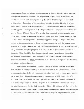output appear here and should be the same as in Figure 27 e, £. After passing
through the weighting circuits, the outputs are on pins three of locations 25
and 26 and should look like Figure 27 g, h. Note that the signal is inverted
at this point. The output of the magnitude circuit, location 14, pin 10 of the
upper panel, should look like Figure 27 j. The clutter and weather thresholds
should appear as in Figure 27 k, t. Figure 27 m is an expanded view of the first
part of Figure 27t and Figure 27 n is a further expanded portion showing one
range gate. It can be seen that the signal spills over into filters three and five
and also has a DC component. The three apparent ramps in Figure 27m are
caused by the accumulation of these various components with the largest ones
building to a high level first. By changing the contents of NOVA location 4 to
5001
S
and restarting the program at location 2 the I&Q waveforms are inter-
changed. This should be done because the all-zero signal in one channel is
not terribly enlightening. This completes the tests using the ramp signals.
Any deviation from the exact waveforms in the photos is a sign of a malfunction
and should be investigated.
The second program (MTD-0006) should be loaded into the NOVA and
then into test memory according to the instructions in the Lewis memo. This
program puts eight different sinewaves into eight consecutive range gates start-
ing at gate #16. These sinewaves are at frequencies of liS, 1/4, 3/S, 1/2,
SIS. 3/4, 7/S and 1 times the radar prf thus furnishing a sinusoid centered in
each of the eight Doppler filters. Figure 2S shows the ten consecutive sweeps
fed into the memory for the I&Q channels. Figure 29 contains all the rest of the
waveforms for this input signal. Since these sinewaves all have a peak amplitude
of 1023 units and the saturation detector inhibits signals larger than 959 units,
S3
 
