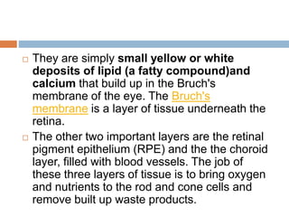  They are simply small yellow or white
deposits of lipid (a fatty compound)and
calcium that build up in the Bruch's
membrane of the eye. The Bruch's
membrane is a layer of tissue underneath the
retina.
 The other two important layers are the retinal
pigment epithelium (RPE) and the the choroid
layer, filled with blood vessels. The job of
these three layers of tissue is to bring oxygen
and nutrients to the rod and cone cells and
remove built up waste products.
 
