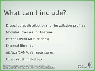 What can I include?
‣   Drupal core, distributions, or installation proﬁles
‣   Modules, themes, or Features
‣   Patches (with MD5 hashes)
‣   External libraries
‣   git/bzr/SVN/CVS repositories
‣   Other drush makeﬁles
http://drupalcode.org/project/drush_make.git/blob_plain/
a945642c5c48b759ae4a935a1b1cc0943ed720dc:/README.txt
 