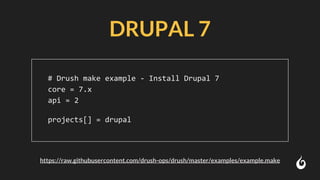 DRUPAL 7
# Drush make example - Install Drupal 7
core = 7.x
api = 2
projects[] = drupal
https://raw.githubusercontent.com/drush-ops/drush/master/examples/example.make
 