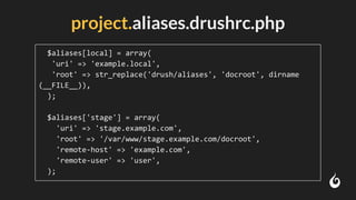 $aliases[local] = array(
'uri' => 'example.local',
'root' => str_replace('drush/aliases', 'docroot', dirname
(__FILE__)),
);
$aliases['stage'] = array(
'uri' => 'stage.example.com',
'root' => '/var/www/stage.example.com/docroot',
'remote-host' => 'example.com',
'remote-user' => 'user',
);
project.aliases.drushrc.php
 