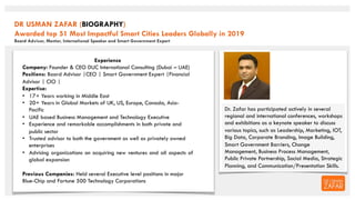 DR USMAN ZAFAR (BIOGRAPHY)
Awarded top 51 Most Impactful Smart Cities Leaders Globally in 2019
Board Advisor, Mentor, Inte...