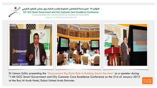 Dr Usman Zafar presenting the “Government Big Data Role in Building Smart Services” as a speaker during
“14th GCC Smart Go...