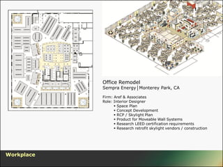 Office Remodel
            Sempra Energy│Monterey Park, CA

            Firm: Aref & Associates
            Role: Interior Designer
                   Space Plan
                   Concept Development
                   RCP / Skylight Plan
                   Product for Moveable Wall Systems
                   Research LEED certification requirements
                   Research retrofit skylight vendors / construction




Workplace
 