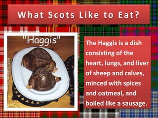 What Scots Like to Eat?

            The Haggis is a dish
            consisting of the
            heart, lungs, and liver
            of sheep and calves,
            minced with spices
            and oatmeal, and
            boiled like a sausage.
 