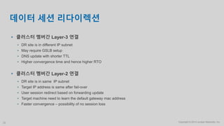 Copyright © 2014 Juniper Networks, Inc.22
데이터 세션 리다이렉션
 클러스터 멤버간 Layer-3 연결
 DR site is in different IP subnet
 May require GSLB setup
 DNS update with shorter TTL
 Higher convergence time and hence higher RTO
 클러스터 멤버간 Layer-2 연결
 DR site is in same IP subnet
 Target IP address is same after fail-over
 User session redirect based on forwarding update
 Target machine need to learn the default gateway mac address
 Faster convergence – possibility of no session loss
 