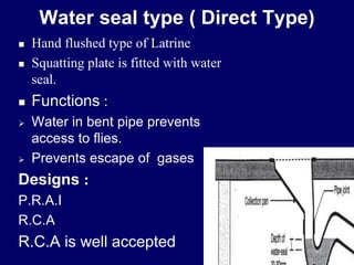 Water seal type ( Direct Type)
 Hand flushed type of Latrine
 Squatting plate is fitted with water
seal.
 Functions :
 Water in bent pipe prevents
access to flies.
 Prevents escape of gases
Designs :
P.R.A.I
R.C.A
R.C.A is well accepted
 