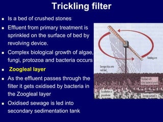 Trickling filter
 Is a bed of crushed stones
 Effluent from primary treatment is
sprinkled on the surface of bed by
revolving device.
 Complex biological growth of algae,
fungi, protozoa and bacteria occurs
 Zoogleal layer
 As the effluent passes through the
filter it gets oxidised by bacteria in
the Zoogleal layer
 Oxidised sewage is led into
secondary sedimentation tank
 