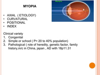 MYOPIA
• AXIAL ( ETIOLOGY)
• CURVATURAL
• POSITIONAL
• INDEX
Clinical variety
1. Congenital
2. Simple or school ( P= 20 to 40% population)
3. Pathological ( role of heredity, genetic factor, family
history,m/c in China, japan , AD with 18p11.31
 
