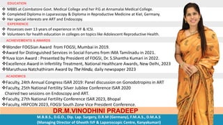Faculty, 24th Annual Congress ISAR 2019: Panel discussion on Gonodotropins in ART
Faculty, 25th National Fertility Silver Jubilee Conference ISAR 2020
Chaired two sessions on Endoscopy and ART.
Faculty, 27th National Fertility Conference ISAR 2023, Bhopal
Faculty, HRPCON 2023, FOGSI South Zone Vice President Conference.
Wonder FOGSian Award from FOGSI, Mumbai in 2019.
Award for Distinguished Services in Social Forums from IMA Tamilnadu in 2021.
Yuva Icon Award : Presented by President of FOGSI, Dr. S.Shantha Kumari in 2022.
Excellence Award in Infertility Treatment, National Healthcare Awards, New Delhi, 2023
Maruthuva Natchathiram Award by The Hindu, daily newspaper 2023
 MBBS at Coimbatore Govt. Medical College and her P.G at Annamalai Medical College.
 Completed Diploma in Laparascopy & Diploma in Reproductive Medicine at Kiel, Germany.
 Her special interests are ART and Endoscopy.
 Possesses over 13 years of experience in IVF & ICSI.
 Volunteers for health education in colleges on topics like Adolescent Reproductive Health.
DR.M.VINODHINI PRADEEP
M.B.B.S., D.G.O., Dip. Lap. Surgery, D.R.M (Germany), F.M.A.S., D.M.A.S
(Managing Director of Gheeth IVF & Laparoscopic Centre, Kanyakumari)
EXPERIENCE
EDUCATION
ACHIEVEMENTS & AWARDS
ACADEMICS
 