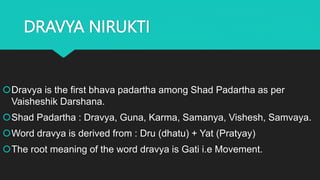 DRAVYA NIRUKTI
Dravya is the first bhava padartha among Shad Padartha as per
Vaisheshik Darshana.
Shad Padartha : Dravya, Guna, Karma, Samanya, Vishesh, Samvaya.
Word dravya is derived from : Dru (dhatu) + Yat (Pratyay)
The root meaning of the word dravya is Gati i.e Movement.
 