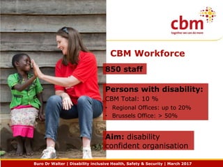 Buro Dr Walter | Disability inclusive Health, Safety & Security | March 2017
CBM Workforce
850 staff
Persons with disability:
CBM Total: 10 %
• Regional Offices: up to 20%
• Brussels Office: > 50%
Aim: disability
confident organisation
 