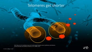 © 2016 Intelligent Health
Telomeres get shorter
Epel, Elissa, et al. Can meditation slow rate of cellular aging? Cognitive...