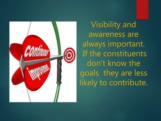 Visibility and
awareness are
always important.
If the constituents
don’t know the
goals they are less
likely to contribute.
 