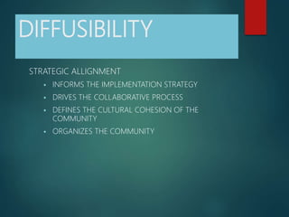 DIFFUSIBILITY
STRATEGIC ALLIGNMENT
 INFORMS THE IMPLEMENTATION STRATEGY
 DRIVES THE COLLABORATIVE PROCESS
 DEFINES THE CULTURAL COHESION OF THE
COMMUNITY
 ORGANIZES THE COMMUNITY
 