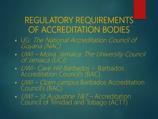 REGULATORY REQUIREMENTS
OF ACCREDITATION BODIES
 UG: The National Accreditation Council of
Guyana (NAC)
 UWI – Mona, Jamaica: The University Council
of Jamaica (UCJ)
 UWI- Cave Hill Barbados – Barbados
Accreditation Council’s (BAC)
 UWI – Open campus Barbados Accreditation
Council’s (BAC)
 UWI – St Augustine T&T – Accreditation
Council of Trinidad and Tobago (ACTT)
 