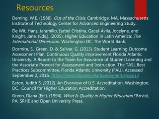 Resources
Deming, W.E. (1986). Out of the Crisis. Cambridge, MA. Massachusetts
Institute of Technology Center for Advanced Engineering Study.
De Wit, Hans, Jaramillo, Isabel Cristina, Gacel-Ávila, Jocelyne, and
Knight, Jane. (Eds.). (2005). Higher Education in Latin America: The
International Dimension. Washington DC. The World Bank.
Dormire, S., Green, D. & Salivar, G. (2013). Student Learning Outcome
Assessment Plan: Continuous Quality Improvement Florida Atlantic
University. A Report to the Team for Assurance of Student Learning and
the Associate Provost for Assessment and Instruction. The TASL Best
Practices Subcommittee, Florida Atlantic University (FAU). Accessed
September 2, 2016. https://www.fau.edu/iea/assessment/sloap13
Eaton, Judith S. (2012). An Overview of U.S. Accreditation. Washington,
DC. Council for Higher Education Accreditation.
Green, Diana (Ed.). (1994). What Is Quality in Higher Education? Bristol,
PA. SRHE and Open University Press.
 