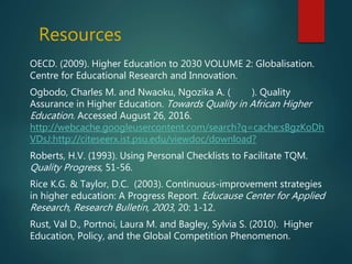 Resources
OECD. (2009). Higher Education to 2030 VOLUME 2: Globalisation.
Centre for Educational Research and Innovation.
Ogbodo, Charles M. and Nwaoku, Ngozika A. ( ). Quality
Assurance in Higher Education. Towards Quality in African Higher
Education. Accessed August 26, 2016.
http://webcache.googleusercontent.com/search?q=cache:sBgzKoDh
VDsJ:http://citeseerx.ist.psu.edu/viewdoc/download?
Roberts, H.V. (1993). Using Personal Checklists to Facilitate TQM.
Quality Progress, 51-56.
Rice K.G. & Taylor, D.C. (2003). Continuous-improvement strategies
in higher education: A Progress Report. Educause Center for Applied
Research, Research Bulletin, 2003, 20: 1-12.
Rust, Val D., Portnoi, Laura M. and Bagley, Sylvia S. (2010). Higher
Education, Policy, and the Global Competition Phenomenon.
 