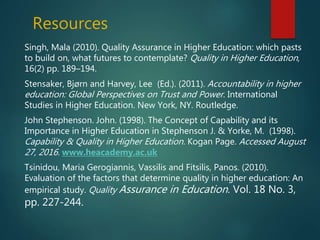 Resources
Singh, Mala (2010). Quality Assurance in Higher Education: which pasts
to build on, what futures to contemplate? Quality in Higher Education,
16(2) pp. 189–194.
Stensaker, Bjørn and Harvey, Lee (Ed.). (2011). Accountability in higher
education: Global Perspectives on Trust and Power. International
Studies in Higher Education. New York, NY. Routledge.
John Stephenson. John. (1998). The Concept of Capability and its
Importance in Higher Education in Stephenson J. & Yorke, M. (1998).
Capability & Quality in Higher Education. Kogan Page. Accessed August
27, 2016. www.heacademy.ac.uk
Tsinidou, Maria Gerogiannis, Vassilis and Fitsilis, Panos. (2010).
Evaluation of the factors that determine quality in higher education: An
empirical study. Quality Assurance in Education. Vol. 18 No. 3,
pp. 227-244.
 