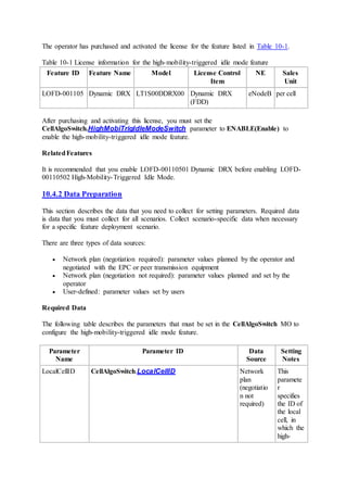 The operator has purchased and activated the license for the feature listed in Table 10-1.
Table 10-1 License information for the high-mobility-triggered idle mode feature
Feature ID Feature Name Model License Control
Item
NE Sales
Unit
LOFD-001105 Dynamic DRX LT1S00DDRX00 Dynamic DRX
(FDD)
eNodeB per cell
After purchasing and activating this license, you must set the
CellAlgoSwitch.HighMobiTrigIdleModeSwitch parameter to ENABLE(Enable) to
enable the high-mobility-triggered idle mode feature.
RelatedFeatures
It is recommended that you enable LOFD-00110501 Dynamic DRX before enabling LOFD-
00110502 High-Mobility-Triggered Idle Mode.
10.4.2 Data Preparation
This section describes the data that you need to collect for setting parameters. Required data
is data that you must collect for all scenarios. Collect scenario-specific data when necessary
for a specific feature deployment scenario.
There are three types of data sources:
 Network plan (negotiation required): parameter values planned by the operator and
negotiated with the EPC or peer transmission equipment
 Network plan (negotiation not required): parameter values planned and set by the
operator
 User-defined: parameter values set by users
Required Data
The following table describes the parameters that must be set in the CellAlgoSwitch MO to
configure the high-mobility-triggered idle mode feature.
Parameter
Name
Parameter ID Data
Source
Setting
Notes
LocalCellID CellAlgoSwitch.LocalCellID Network
plan
(negotiatio
n not
required)
This
paramete
r
specifies
the ID of
the local
cell, in
which the
high-
 