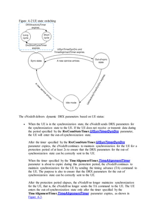 Figure 4-2 UE state switching
The eNodeB delivers dynamic DRX parameters based on UE status:
 When the UE is in the synchronization state, the eNodeB sends DRX parameters for
the synchronization state to the UE. If the UE does not receive or transmit data during
the period specified by the RrcConnStateTimer.UlSynTimerDynDrx parameter,
the UE will enter the out-of-synchronization state.
After the timer specified by the RrcConnStateTimer.UlSynTimerDynDrx
parameter expires, the eNodeB continues to maintain synchronization for the UE for a
protection period of at least 2s to ensure that the DRX parameters for the out-of
synchronization state can be correctly sent to the UE.
When the timer specified by the TimeAlignmentTimer.TimeAlignmentTimer
parameter is about to expire during this protection period, the eNodeB continues to
maintain synchronization for the UE by sending the timing advance (TA) command to
the UE. The purpose is also to ensure that the DRX parameters for the out-of
synchronization state can be correctly sent to the UE.
After the protection period elapses, the eNodeB no longer maintains synchronization
for the UE, that is, the eNodeB no longer sends the TA command to the UE. The UE
enters the out-of-synchronization state only after the timer specified by the
TimeAlignmentTimer.TimeAlignmentTimer parameter expires, as shown in
Figure 4-3.
 