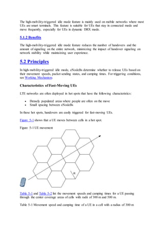The high-mobility-triggered idle mode feature is mainly used on mobile networks where most
UEs are smart terminals. This feature is suitable for UEs that stay in connected mode and
move frequently, especially for UEs in dynamic DRX mode.
5.1.2 Benefits
The high-mobility-triggered idle mode feature reduces the number of handovers and the
amount of signaling on the entire network, minimizing the impact of handover signaling on
network stability while maintaining user experience.
5.2 Principles
In high-mobility-triggered idle mode, eNodeBs determine whether to release UEs based on
their movement speeds, packet sending states, and camping times. For triggering conditions,
see Working Mechanism.
Characteristics of Fast-Moving UEs
LTE networks are often deployed in hot spots that have the following characteristics:
 Densely populated areas where people are often on the move
 Small spacing between eNodeBs
In these hot spots, handovers are easily triggered for fast-moving UEs.
Figure 5-1 shows that a UE moves between cells in a hot spot.
Figure 5-1 UE movement
Table 5-1 and Table 5-2 list the movement speeds and camping times for a UE passing
through the center coverage areas of cells with radii of 300 m and 500 m.
Table 5-1 Movement speed and camping time of a UE in a cell with a radius of 300 m
 
