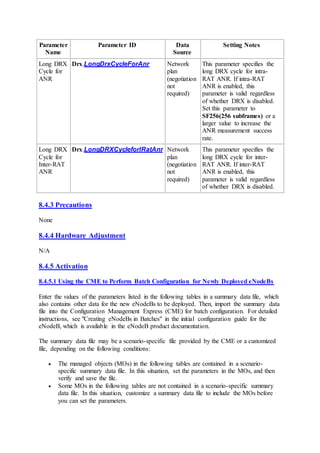 Parameter
Name
Parameter ID Data
Source
Setting Notes
Long DRX
Cycle for
ANR
Drx.LongDrxCycleForAnr Network
plan
(negotiation
not
required)
This parameter specifies the
long DRX cycle for intra-
RAT ANR. If intra-RAT
ANR is enabled, this
parameter is valid regardless
of whether DRX is disabled.
Set this parameter to
SF256(256 subframes) or a
larger value to increase the
ANR measurement success
rate.
Long DRX
Cycle for
Inter-RAT
ANR
Drx.LongDRXCycleforIRatAnr Network
plan
(negotiation
not
required)
This parameter specifies the
long DRX cycle for inter-
RAT ANR. If inter-RAT
ANR is enabled, this
parameter is valid regardless
of whether DRX is disabled.
8.4.3 Precautions
None
8.4.4 Hardware Adjustment
N/A
8.4.5 Activation
8.4.5.1 Using the CME to Perform Batch Configuration for Newly Deployed eNodeBs
Enter the values of the parameters listed in the following tables in a summary data file, which
also contains other data for the new eNodeBs to be deployed. Then, import the summary data
file into the Configuration Management Express (CME) for batch configuration. For detailed
instructions, see "Creating eNodeBs in Batches" in the initial configuration guide for the
eNodeB, which is available in the eNodeB product documentation.
The summary data file may be a scenario-specific file provided by the CME or a customized
file, depending on the following conditions:
 The managed objects (MOs) in the following tables are contained in a scenario-
specific summary data file. In this situation, set the parameters in the MOs, and then
verify and save the file.
 Some MOs in the following tables are not contained in a scenario-specific summary
data file. In this situation, customize a summary data file to include the MOs before
you can set the parameters.
 