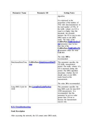 Parameter Name Parameter ID Setting Notes
algorithm.
It is expressed as the
proportion of the number of
TTIs with data transmission to
the total number of TTIs. If
the traffic volume at a UE is
equal to or higher than this
threshold, the eNodeB
instructs the UE to stay in non-
DRX mode or exit DRX
mode. The value of the
CellDrxPara.FddEnterDrxT
hd parameter must be less
than that of the
CellDrxPara.FddExitDrxTh
d parameter under the same
Cell MO.
The value 800 is
recommended.
DataAmoutStateTime
r
CellDrxPara.DataAmountStatTi
mer
This parameter specifies the
UE traffic measurement
period. The traffic volume of a
UE is measured during this
period. The DRX algorithm
determines whether the UE
should enter or exit DRX
mode based on this
measurement.
The value 30 is recommended.
Long DRX Cycle for
ANR
Drx.LongDrxCycleForAnr This parameter specifies the
long DRX cycle for intra-RAT
ANR measurement. It is
recommended that this
parameter be set to a value
greater than 256 ms to
increase the measurement
success rate.
8.5.3 Troubleshooting
Fault Description
After accessing the network, the UE cannot enter DRX mode.
 