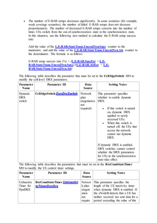  The number of E-RAB setups decreases significantly. In some scenarios (for example,
weak coverage scenarios), the number of failed E-RAB setups does not decrease
proportionately. The number of decreased E-RAB setups converts into the number of
times UEs switch from the out-of-synchronization state to the synchronization state.
In this situation, use the following new method to calculate the E-RAB setup success
rate:
Add the value of the L.E-RAB.StateTrans.Unsyn2Syn.Succ counter to the
numerator, and add the value of the L.E-RAB.StateTrans.Unsyn2Syn.Att counter to
the denominator. The formula is as follows:
E-RAB setup success rate (%) = (L.E-RAB.SuccEst + L.E-
RAB.StateTrans.Unsyn2Syn.Succ)/(L.E-RAB.AttEst + L.E-
RAB.StateTrans.Unsyn2Syn.Att)
The following table describes the parameter that must be set in the CellAlgoSwitch MO to
modify the cell-level DRX parameters.
Parameter
Name
Parameter ID Data
Source
Setting Notes
Dynamic
DRX
switch
CellAlgoSwitch.DynDrxSwitch Network
plan
(negotiation
not
required)
This parameter specifies
whether to enable dynamic
DRX.
 If this switch is turned
on, dynamic DRX
applied to newly
accessed UEs.
 When this switch is
turned off, the UEs that
access the network
cannot use dynamic
DRX.
If dynamic DRX is enabled,
DRX switches cannot control
whether the DRX parameters
for UEs in the synchronization
state take effect.
The following table describes the parameters that must be set in the RrcConnStateTimer
MO to modify the UE control timer settings.
Parameter
Name
Parameter ID Data
Source
Setting Notes
UeInactive
Timer for
DynDRX
RrcConnStateTimer.UeInactivi
tyTimerDynDrx
Networ
k plan
(negoti
ation
not
require
This parameter specifies the
length of the UE inactivity timer
when dynamic DRX is enabled. If
the eNodeB detects that a UE has
neither received nor sent data for a
period exceeding the value of this
 