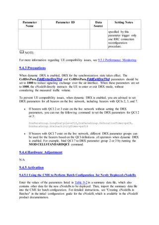 Parameter
Name
Parameter ID Data
Source
Setting Notes
specified by this
parameter trigger only
one RRC connection
reconfiguration
procedure.
NOTE:
For more information regarding UE compatibility issues, see 9.5.1 Performance Monitoring.
9.4.3 Precautions
When dynamic DRX is enabled, DRX for the synchronization state takes effect. The
CellDrxPara.FddEnterDrxThd and CellDrxPara.FddExitDrxThd parameters should be
set to 1000 to reduce signaling exchange over the air interface. When these parameters are set
to 1000, the eNodeB directly instructs the UE to enter or exit DRX mode, without
considering the measured traffic volume.
To prevent UE compatibility issues, when dynamic DRX is enabled, you are advised to set
DRX parameters for all bearers on the live network, including bearers with QCIs 2, 3, and 7.
 If bearers with QCI 2 or 3 exist on the live network without setting the DRX
parameters, you can run the following command to set the DRX parameters for QCI 2
or 3:
DrxParaGroup.LongDrxCycle=sf10,DrxParaGroup.OnDurationTimer=psf8,
DrxParaGroup.DrxInactivityTimer=psf10
 If bearers with QCI 7 exist on the live network, different DRX parameter groups can
be used for the bearers based on the QCI definitions of operators when dynamic DRX
is enabled. For example, bind QCI 7 to DRX parameter group 2 or 3 by running the
MOD CELLSTANDARDQCI command.
9.4.4 Hardware Adjustment
N/A
9.4.5 Activation
9.4.5.1 Using the CME to Perform Batch Configuration for Newly Deployed eNodeBs
Enter the values of the parameters listed in Table 9-2 in a summary data file, which also
contains other data for the new eNodeBs to be deployed. Then, import the summary data file
into the CME for batch configuration. For detailed instructions, see "Creating eNodeBs in
Batches" in the initial configuration guide for the eNodeB, which is available in the eNodeB
product documentation.
 
