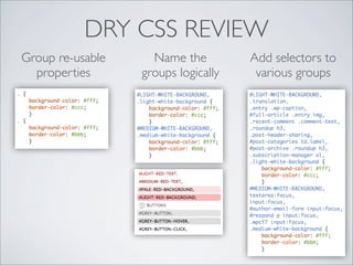 DRY CSS REVIEW
Group re-usable     Name the         Add selectors to
  properties      groups logically    various groups
 