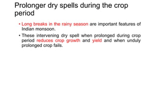 Prolonger dry spells during the crop
period
• Long breaks in the rainy season are important features of
Indian monsoon.
• These intervening dry spell when prolonged during crop
period reduces crop growth and yield and when unduly
prolonged crop fails.
 