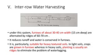 V. Inter-row Water Harvesting
• under this system, furrows of about 30-40 cm width (15 cm deep) are
alternated by ridges of 60-70 cm .
• It reduces runoff and water is conserved in furrows.
• It is, particularly, suitable for heavy textured soils. In light soils, crops
are grown in furrows whereas in heavy soils, planting is usually on
ridges to eliminate the problem of waterlogging.
 