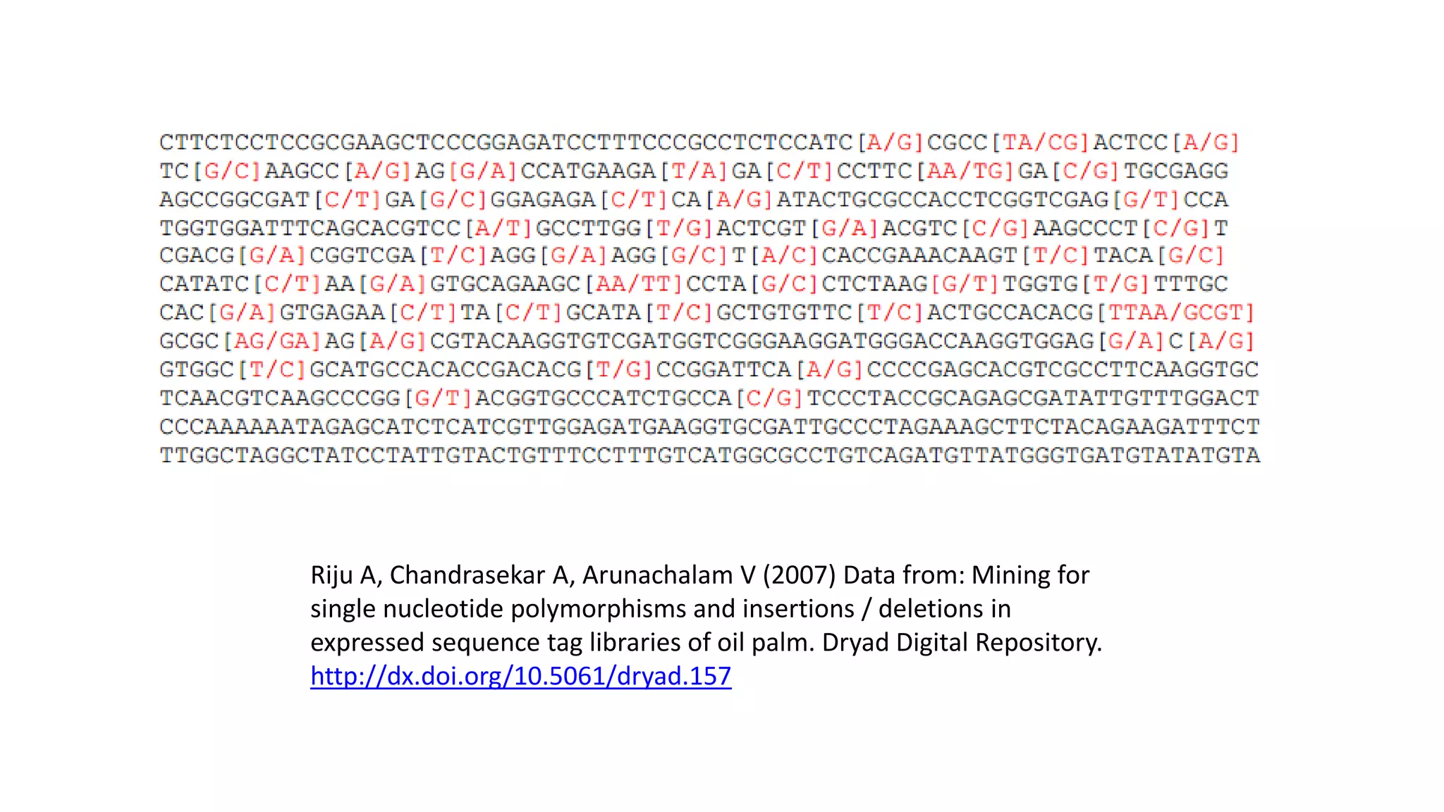 Riju A, Chandrasekar A, Arunachalam V (2007) Data from: Mining for single nucleotide polymorphisms and insertions / deletions in expressed sequence tag libraries of oil palm. Dryad Digital Repository. 
http://dx.doi.org/10.5061/dryad.157  