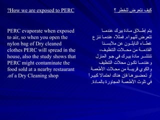 يتم إطــلاق مـادة بيرك عندمــا تتعرض للهـواء .  فمثلاً، عندمـا ننزع غطــاء النايلــون عن ملابســنا القادمــة من محــلات التنظيـف، تنتشــر مادة بيـرك في جـو المنزل وعندمــا تكـون محلات التنظيف والكوي قريبــة من محـلات الأطعمـة أو تحضـيرهـا فإن هناك احتمالا كبيـراً في تلوث الأطعمـة المجاورة بالمـادة . PERC evaporate when exposed to air, so when you open the nylon bag of Dry cleaned clothes PERC will spread in the house, also the study shows that PERC might contaminate the food sold at a nearby restaurant of a Dry Cleaning shop. كيف نتعرض للخطر ؟ How we are exposed to PERC? 