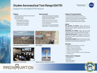 Dryden Aeronautical Test Range (DATR)
Support for the NASA AFRC Mission
Challenge
- All flight operations and low Earth-orbit missions
require range support
- This support includes:
- Data Integration and Analysis
- Communication and Telemetry
- Collaborative Mission Support
- Versatile Mission Capabilities
Aeronautical Tracking Facility (AFT)
Mission Control Center (MCC) 1
Expected Impacts
- Perform flight research and technology
integration to revolutionize aviation and
pioneer aerospace technology
- Validate space exploration concepts
- Conduct airborne remote sensing and
science observations
- Support operations of the International
Space Station - for NASA and the nation
Partners and/or Participants
• Other NASA centers
• Edwards AFB
• Other Federal Agencies
• Commercial Partners
Results
Data Integration and Analysis: Efficient processing and
integration of radar, tracking, and telemetry data for diverse
research vehicles and missions, including real-time analysis and
space positioning
Communication and Telemetry: Robust audio and mobile
telemetry networks are essential for relaying real-time data and
video signals to support research operations and mission safety
Collaborative Mission Support: Coordination and integration of
mission support systems and engineering services across
organizations, facilitated by alliances like with the Edwards Air
Force Test Center
Versatile Mission Capabilities: Support for a broad range of flight
test programs, from space-based to uncrewed vehicles, requiring
scalable data processing, archiving, and safety control
DATR Facilities
Multiple Frequency Tracking System (MFTS)
Next Steps
• Adoption of the Industrial Internet of Things (IIoT)
• Reliable Solutions for 24/7 Operations
• Emphasis on Flexible Data Visualization
• Collaboration and Decentralized Workflows
• Evolving with Future Technologies
• Transition to IP-based Transmissions (from AV-managed signals)
• Enhanced Security
Solution (or Proposed Solution)
• Track and receive data from test articles
• Track and transmit commands to a test article
• Facilitate communications for all test participants
• Reduce and present data from test article(s)
• Support International Space Station operations
 