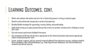 LEARNING OUTCOMES, CONT.
8. Gather and evaluate information and use it for a rhetorical purpose in writing a research paper.
9. Attend to and productively incorporate a variety of perspectives.
10. Develop flexible strategies for generating, revising, editing, and proofreading.
11. Understand writing as an open process that permits writers to use later invention and re-thinking to revise
their work.
12. Give and receive constructive feedback from peers.
13. Use conventions of format and structure appropriate to the rhetorical situation and practice appropriate
means of documenting their work.
14. Locate, evaluate, organize, and use research material collected from electronic sources, including scholarly
library databases; other official databases (e.g., federal government databases); and informal electronic
networks and internet sources.
 