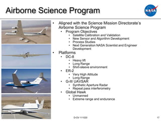 Airborne Science Program
           •   Aligned with the Science Mission Directorate’s
               Airborne Science Program
                •   Program Objectives
                     •   Satellite Calibration and Validation
                     •   New Sensor and Algorithm Development
                     •   Process Studies
                     •   Next Generation NASA Scientist and Engineer
                         Development
           •   Platforms
                •   DC-8
                     • Heavy lift
                     • Long Range
                     • Shirt-sleeve environment
                •   ER-2
                     • Very High Altitude
                     • Long Range
                •   G-III UAVSAR
                     • Synthetic Aperture Radar
                     • Repeat pass interferometry
                •   Global Hawk
                     • Unmanned
                     • Extreme range and endurance




                         D-OV 111020                                   17
 