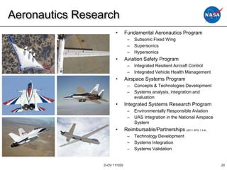 Aeronautics Research
                       •       Fundamental Aeronautics Program
                                –   Subsonic Fixed Wing
                                –   Supersonics
                                –   Hypersonics
                       •       Aviation Safety Program
                                –   Integrated Resilient Aircraft Control
                                –   Integrated Vehicle Health Management
                       •       Airspace Systems Program
                                –   Concepts & Technologies Development
                                –   Systems analysis, integration and
                                    evaluation
                       •       Integrated Systems Research Program
                                –   Environmentally Responsible Aviation
                                –   UAS Integration in the National Airspace
                                    System
                       •       Reimbursable/Partnerships (2011 SPG 1.4.4)
                                –   Technology Development
                                –   Systems Integration
                                –   Systems Validation


                 D-OV 111020                                                   20
 