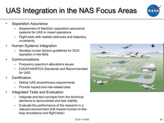 UAS Integration in the NAS Focus Areas
•   Separation Assurance
     –   Assessment of NextGen separation assurance
         systems for UAS in mixed operations
     –   Flight tests with realistic latencies and trajectory
         uncertainty
•   Human Systems Integration
     –   Develop human factors guidelines for GCS
         operation in the NAS
•   Communications
     –   Frequency spectrum allocations issues
     –   ICAO/FAA/RTCA Standards and Recommended
         for UAS
•   Certification
     –   Define UAS airworthiness requirements
     –   Provide hazard and risk-related data
•   Integrated Tests and Evaluation
     –   Integrate and test concepts from the technical
         elements to demonstrate and test viability
     –   Evaluate the performance of the research in a
         relevant environment (full mission human-in-the-
         loop simulations and flight tests)
                                                    D-OV 111020   24
 