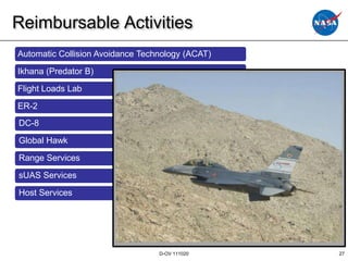 Reimbursable Activities
Automatic Collision Avoidance Technology (ACAT)

Ikhana (Predator B)

Flight Loads Lab

ER-2
DC-8
Global Hawk

Range Services
sUAS Services

Host Services




                                  D-OV 111020     27
 