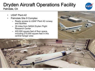 Dryden Aircraft Operations Facility
Palmdale, CA

   •   USAF Plant-42
   •   Palmdale Site 9 Complex
        – Ready access to USAF Plant 42 runway
          and facilities
        – 35 miles from NASA Dryden Flight
          Research Center
        – 422,000 square feet of floor space,
          including 210,000 square feet in this
          central hangar area




                                      D-OV 111020   6
 