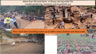 Transforming Lives and Landscapes with Trees
More than 50 sand dams in Kenya storing water for
market gardening, livestock and household use
Kitui: Sand dam providing water up to 500m away (shallow and deep well)
 
